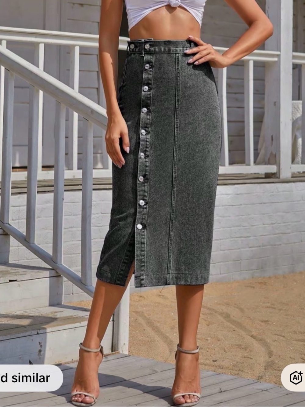 High-Waist Button-Front Midi Skirt - Black Wash